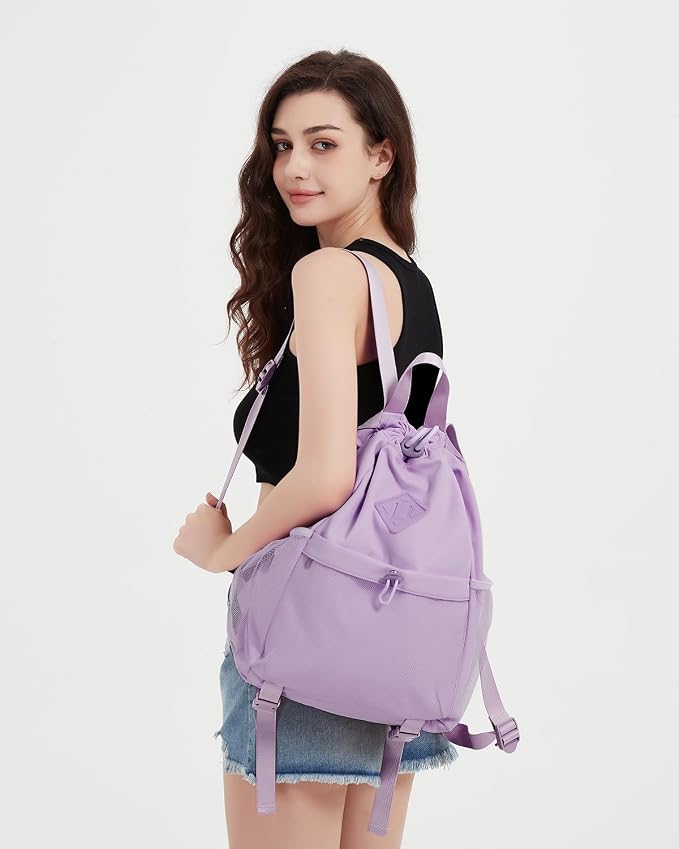 WANDF Drawstring Backpack for Women, Lightweight Gym Bag with Yoga Mat Strap, Water-Resistant String Backpack with Mesh Pocket (Purple, Patent Pending)