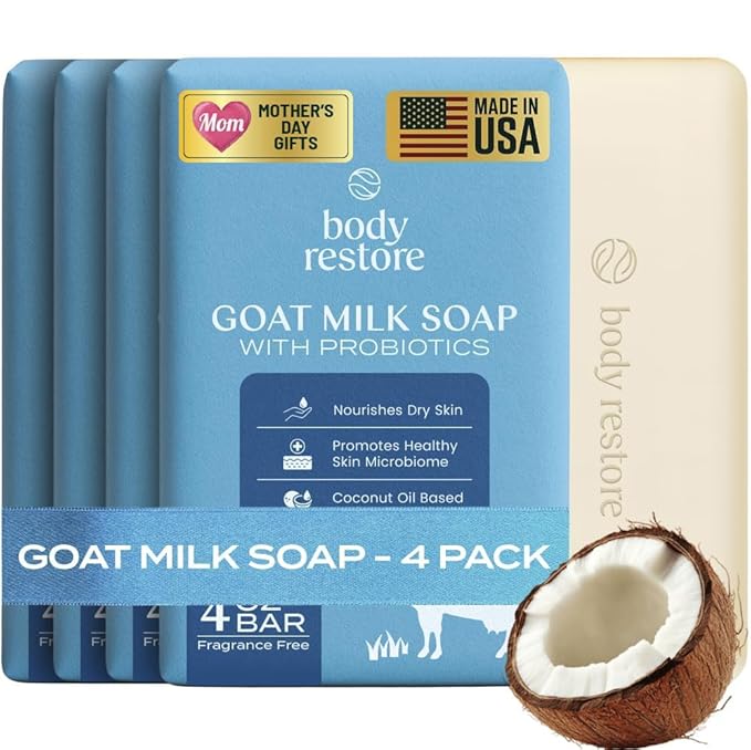 Body Restore Goat Milk Soap Bar 4 Pack – Mothers Day Gifts for Mom, Natural Moisturizing Body Soap with Probiotics, Birthday Gifts for Women, Self Care – Unscented