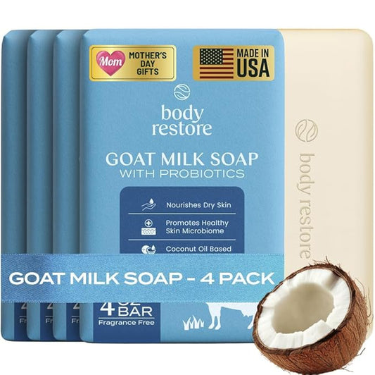 Body Restore Goat Milk Soap Bar 4 Pack – Mothers Day Gifts for Mom, Natural Moisturizing Body Soap with Probiotics, Birthday Gifts for Women, Self Care – Unscented