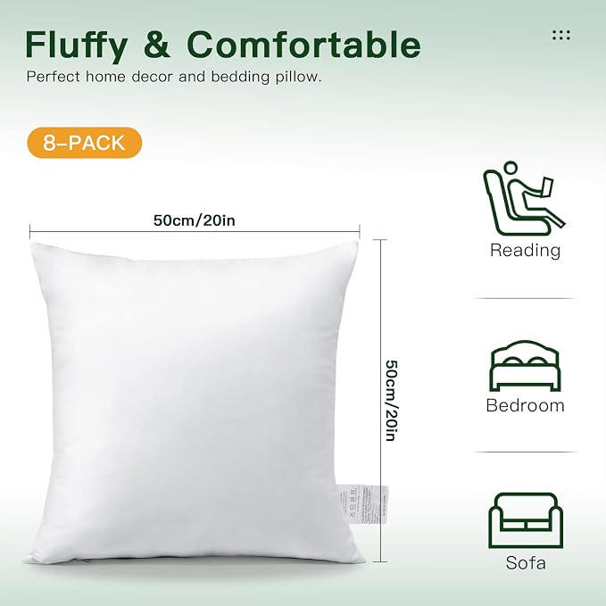 OTOSTAR Pack of 8 Throw Pillow Inserts, 20 x 20 Square Cushion Inner Soft Fluffy Plump Stuffer Cushion Pads White Decorative Pillow Inserts