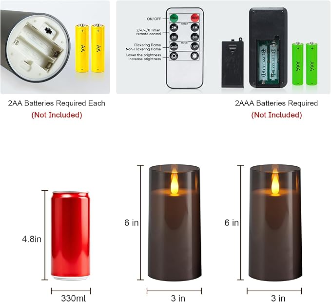 Raycare Christmas Flameless Electronic Pillar Candles with Remote Control and Timer- Battery Operated Realistic Flickering LED Fake Candle for Home, Wedding Decor,Grey,Set of 2(3"x6"6")