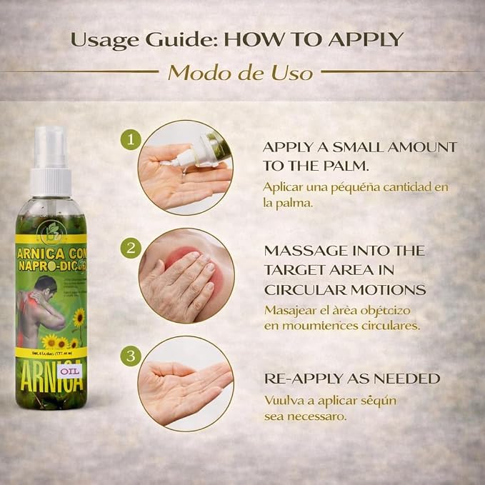 Arnica Sore Muscle Massage Oil(Aceite) – 6 fl oz – Natural Concentrated Body Oil for Muscles, Joints & Massage Therapy – Fast-Absorbing – Fresh Herbal Aroma – Soothing Relief – Daily Use Solution