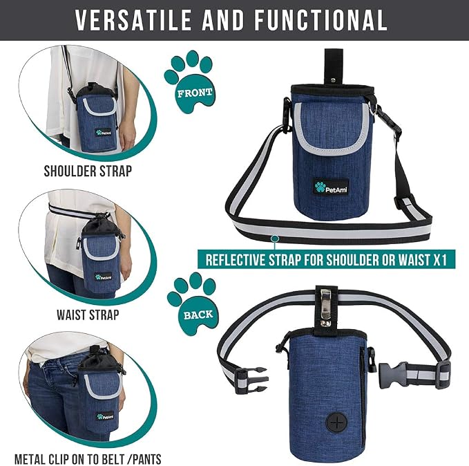 PetAmi Dog Treat Pouch, Large Hands-Free Training Bag, Navy Blue