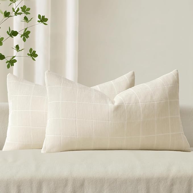 MIULEE Cream Plaid Decorative Lumbar Throw Pillow Covers 12x20 Set of 2 | Vintage, Check Chenille Couch Pillows, Neutral Boho Farmhouse Cushion Covers, Modern Home Decor for Sofa Bed Living Room