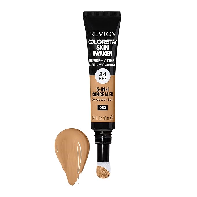 Revlon ColorStay Skin Awaken 5-in-1 Concealer, Lightweight, Creamy Longlasting Face Makeup with Caffeine & Vitamin C, For Imperfections, Dark Circles & Redness, 060 Deep, 0.27 Fl Oz