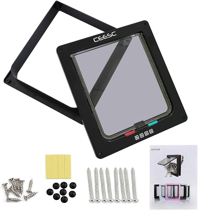 CEESC X-Large Cat Door for Interior/Exterior, Black, for Pets up to 25 lbs | Outer 11"x9.8", Weatherproof, 4-Way Locking, ABS material, for cats & small dogs, waist <24.8"