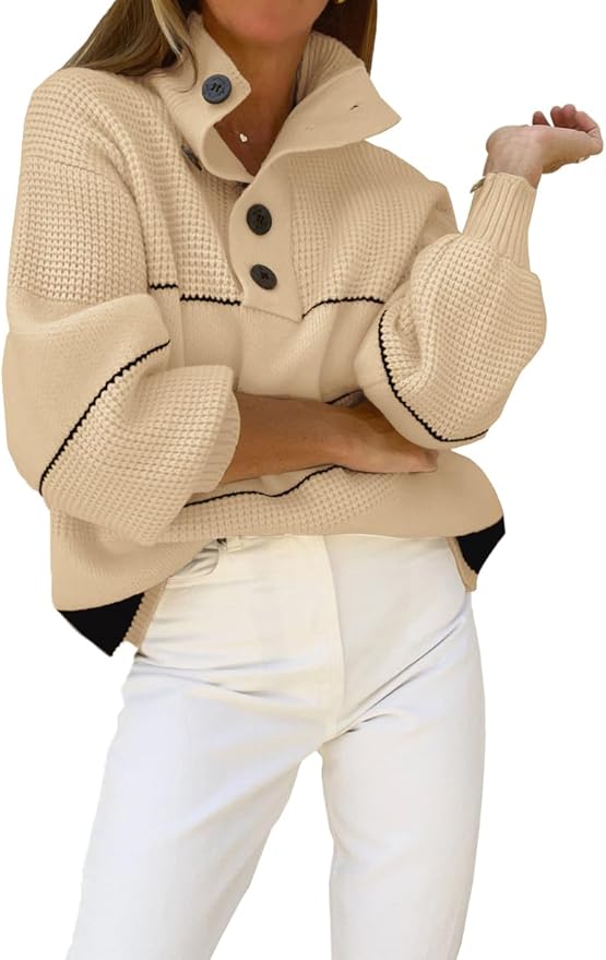 chouyatou Women's Slouchy Waffle Knit Sweater 1/2 Button Polo Collared Pullover Striped Sweater Tops