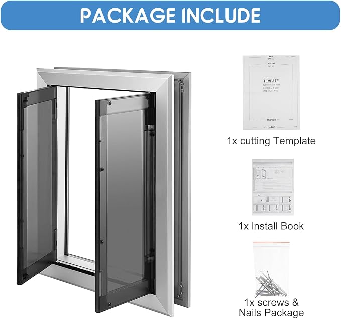 SmarketBuy Large Dog Door, Weatherproof Aluminum Dog Door with Automatic Closing Double Panels Easy to Install Pet Door for Large Dogs and Cats, Closing Panel Included