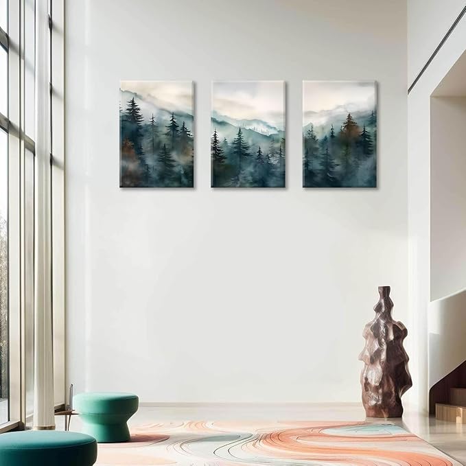 Bwodke Pine Forest Mountain Canvas Wall Art Set of 3, 16x24 inch | Boho Nature Wall Decor, Pine Forest Mountain Landscape Prints, Living Room Bedroom Office Art