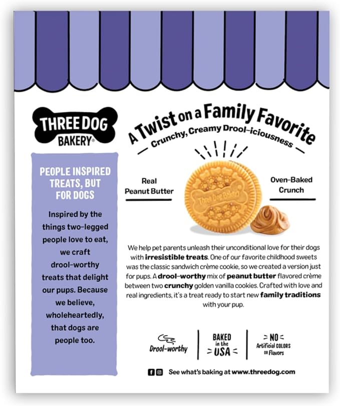 Three Dog Bakery Lick'n Crunch! Dog Treats - 13 oz | Golden Vanilla & Peanut Butter Sandwich Cookies - Crunchy Treats with Peanut Butter Creme