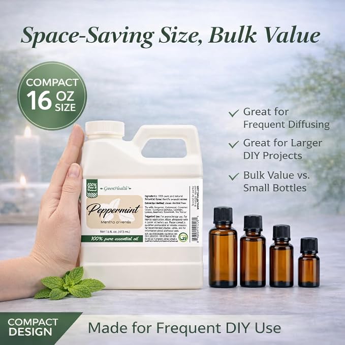 GreenHealth Peppermint Essential Oil 16 fl oz (473 mL) - 100% Pure Mentha Arvensis Oil for Diffusers, Candle Making, Soap Making, DIY Blends, Home Fragrance