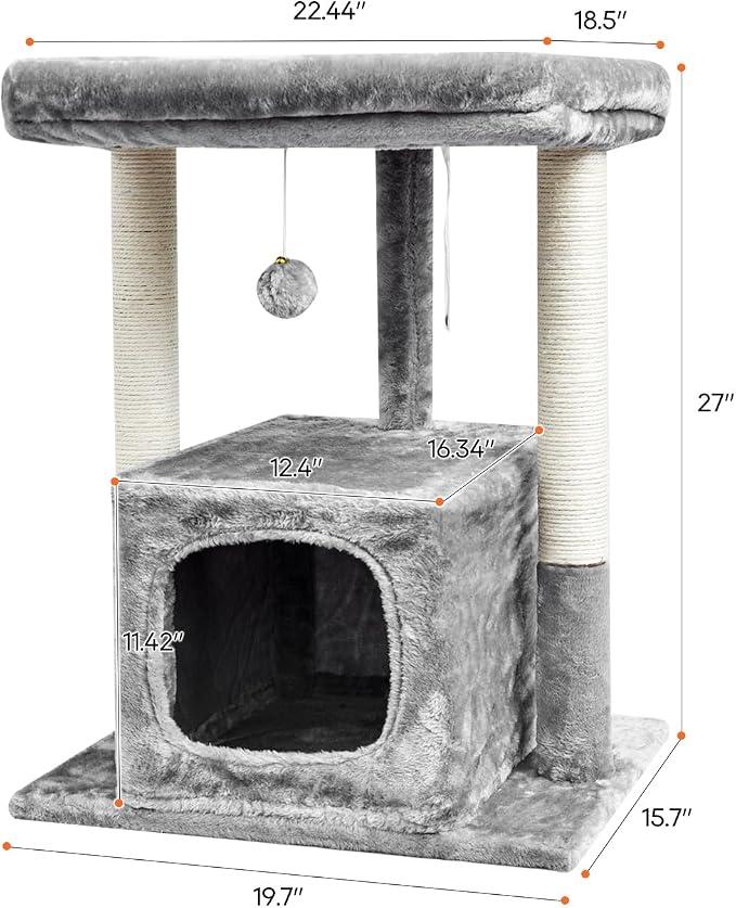 SYANDLVY 27IN Cat Tree for Indoor Cats Large Adult, Modern Activity Tower | Scratching Posts, Condo with Plush Perch, Climbing Stand with Spring Ball for Play, Grey