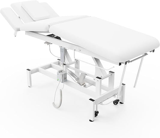 Professional Electric Massage Table, 2 Motors Hydraulic Electric Lift Adjustable Waist and Height Lifting Functions for Treatment/Physical Therapy/Spinal Massage/Facial Spa/Waxing/Tattooing - White