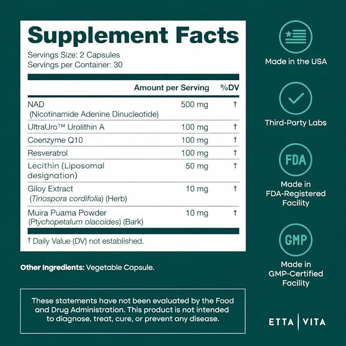 Liposomal NAD+ Supplement - Resveratrol, Urolithin A, CoQ10 & Muira Puama (Made in USA) NAD Supplement for Natural Energy, Brain Fog, Digestion, Detox, Gut Health, Microbiome, NR NMN Replacement