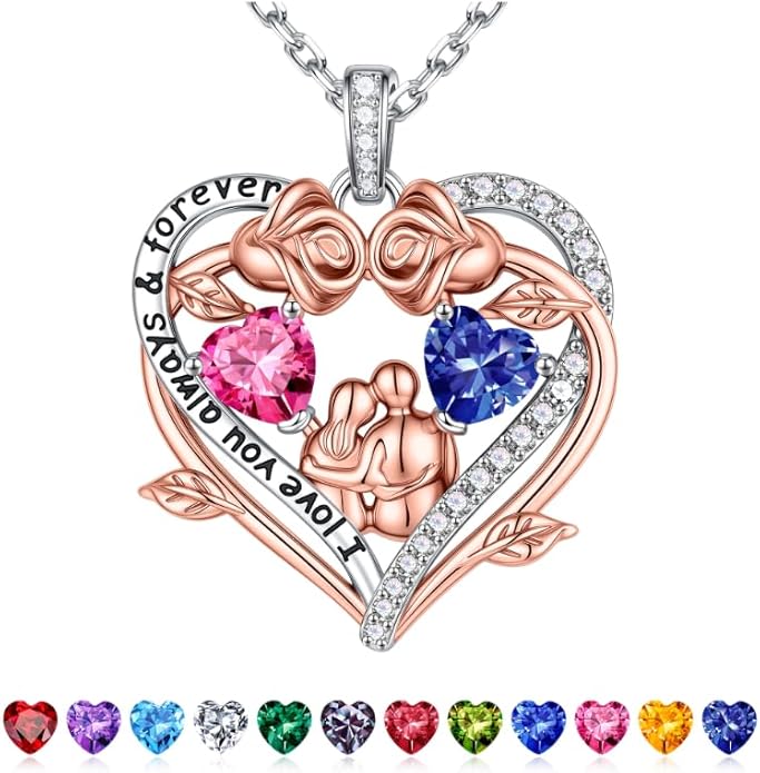 Iefil Valentines Gifts for Her Wife - 925 Sterling Silver Double Heart Birthstone Necklace, Anniversary Birthday Gifts for Women Wife Girlfriend