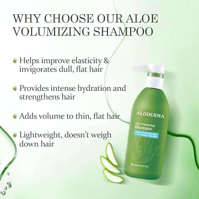 Aloderma Aloe Volumizing Shampoo 16oz - Fresh, Organic Aloe Vera Shampoo (No Water Added) for Fine, Brittle, Thinning Hair - Infused with Arginine & Panthenol - No Alcohol, Parabens, or Mineral Oil