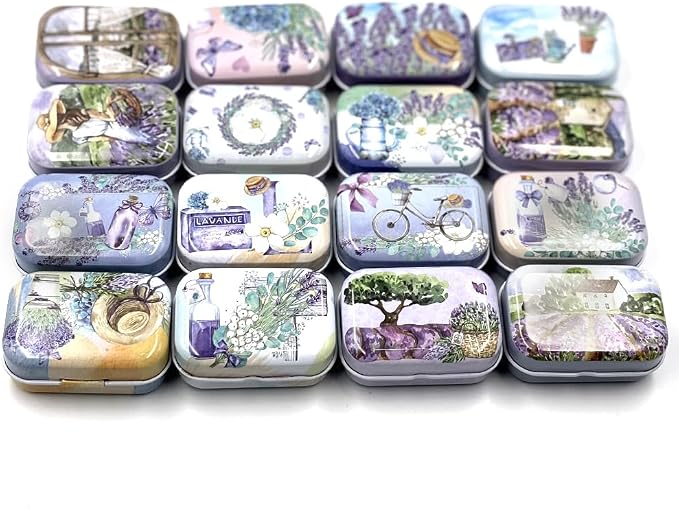 8Pcs Metal Hinged Tin Box Container Floral Farmhouse Rustic Mini Portable Small Storage Container Kit with Lid for Home Storage 2.1x1.5x1 Inch (Purple)