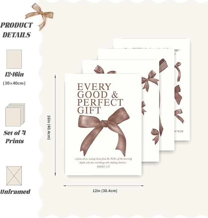 LARTSFRO Coquette Brown Bow Wall Art Decor Posters, Chocolate Brown Bow Room Bedroom Bathroom Dorm Wall Art Decor Aesthetic for College Teen Girls Gifts, Inspirational Bible Verses Bow Wall Decor, 12x16 Inch Set of 4 Pcs Bow Pictures (UNFRAMED)