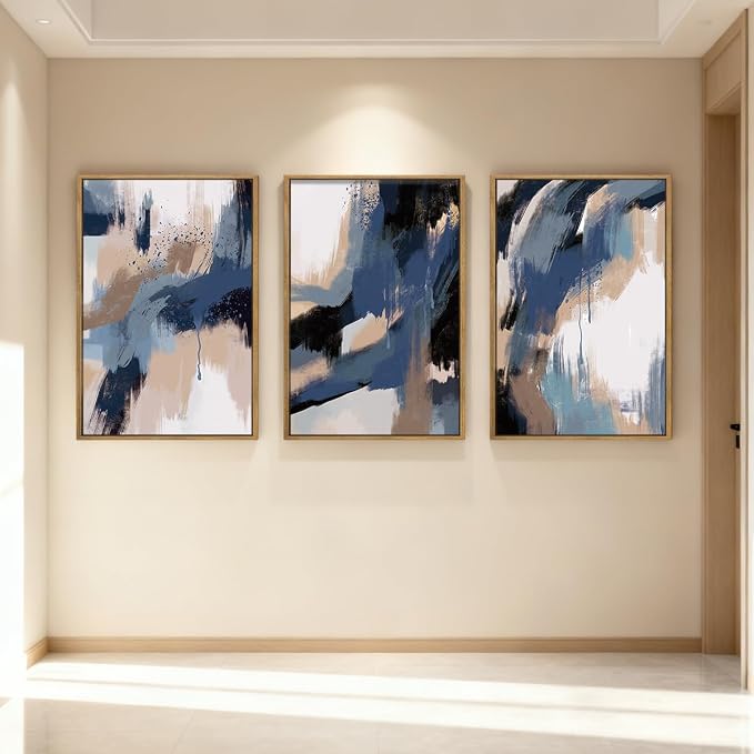 Extra Large Blue Neutral Wall Art Decor Modern Abstract Wall Painting Framed Artwork for Living Room Bedroom Office 24x36 Inch Set of 3