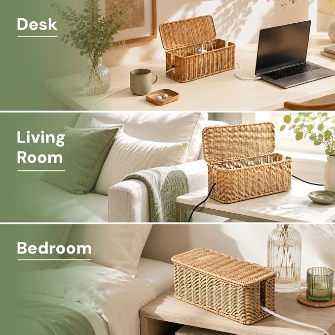 Cable Management Box, Handmade Rattan Cable Organizer with 2 Open Slots, Cord Hider for Power Strip, Router & USB Hub, Registered U.S. Design Patent (D1,112,102), 13" x 5.1" x 5.1", Natural