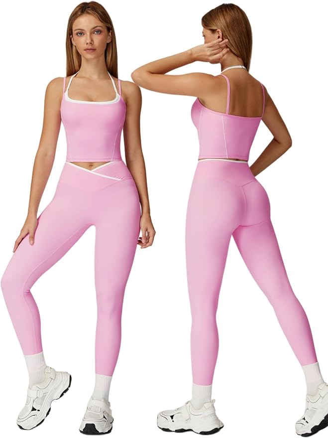 ABOCIW Workout Sets for Women 2 Piece Color Block Strappy Sports Bra High Waist Shorts Gym Yoga Pilates Outfits