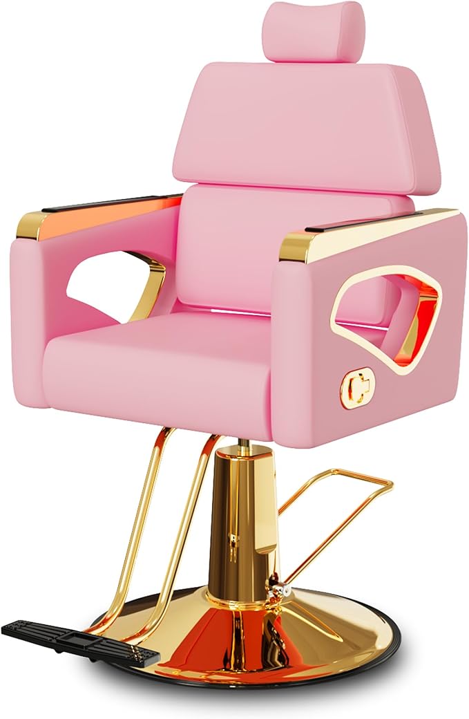 Baasha Pink and Gold Reclining Salon Chair with Removable Headrest, Heavy-Duty Barber Chair with Steel Frame, Elegant Design, 440 lbs Capacity