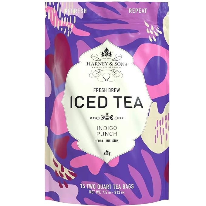 Harney & Sons Fresh Brew Herbal Iced Tea, Indigo Punch Butterfly Pea Flower Tea, 15 Iced Tea Bags, Color Changing Herbal Tea