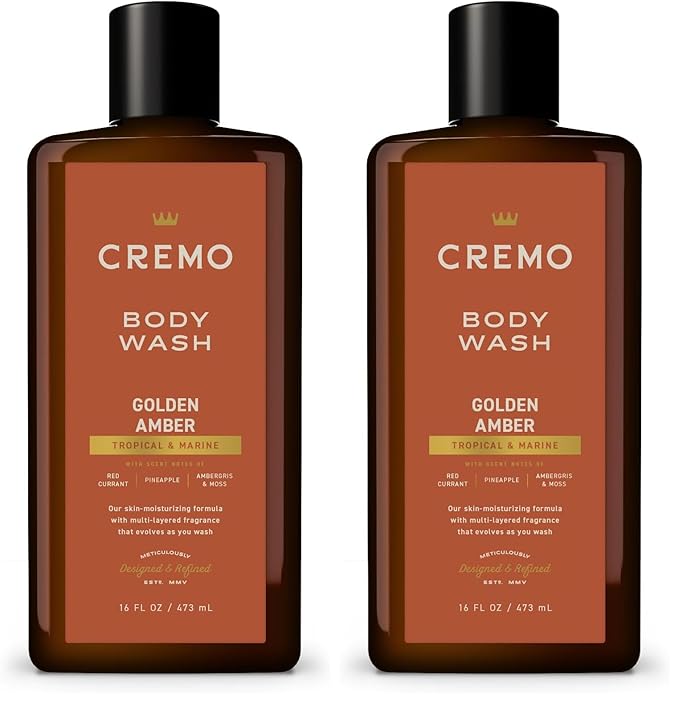 Cremo Body Wash Men, Notes of Red Currant, Pineapple, Ambergris and Moss, Rich-Lathering Golden Amber, 16 Fl Oz (Pack of 2)