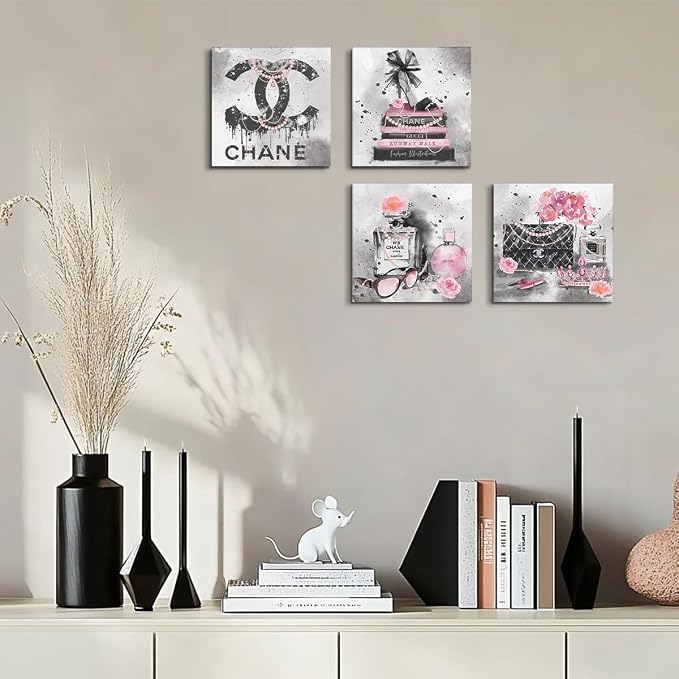 4 Pcs Pink Fashion Canvas Wall Art Black and White Decor Grey Wall Decor | Aesthetic Framed Posters Art Prints Artwork Pink Pictures for Women Bedroom Apartment Vogue Living Room Decor 8 x 8 inches