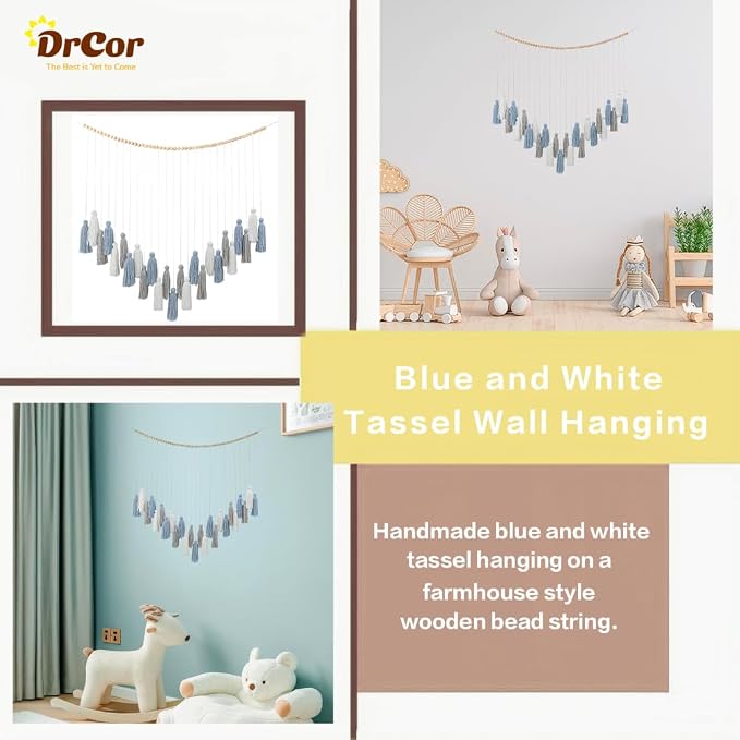 DrCor Dusty Blue Boho Macrame Garland Wall Hanging Decor | Handmade yarn banner for classroom, dorm, reading corner and coastal styling. Pre-assembled, lightweight, reusable.