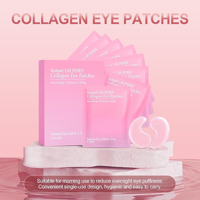 Eye Patches with PDRN & Collagen, Hydrogel Eye Mask with Instant Lift Effect, Dark Circles & Puffy Eyes, Anti-Aging Under Eye Treatment for Wrinkles, Eye Bags & Fine Lines (8 Pairs)