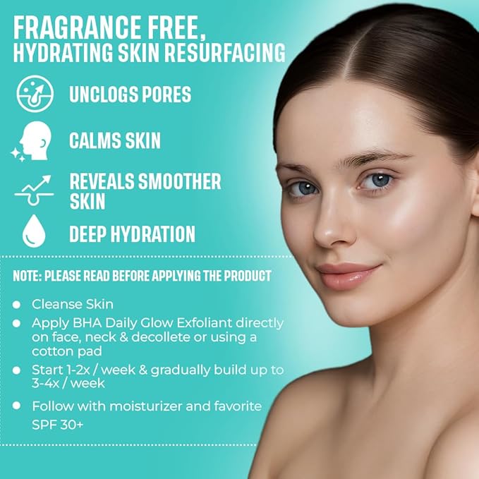Amour de Moi 2% BHA AHA Liquid Salicylic Acid Exfoliant - Gentle Peel, Pore Minimizer, Face Exfoliator for blackheads, wrinkles with Hyaluronic acid - Fragrance-Free Hydrating for All Skin Types, 2oz
