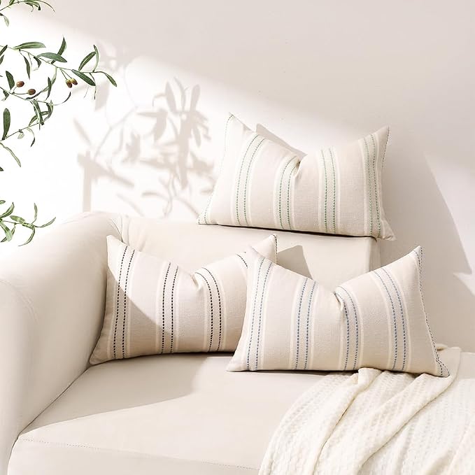Hckot Stripe Throw Pillow Covers 12x20 Set of 2 Light Green Pillow Covers | Farmhouse Decorative Pillows Textured Linen Square Cushion Covers for Sofa Couch Bed Living Room Decor