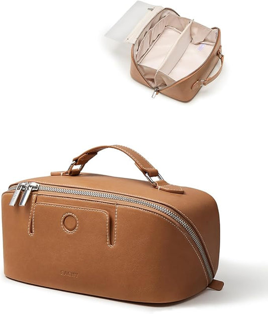 EACHY Travel Makeup Bag, Large Capacity Cosmetic Bag for Women, Waterproof PU Leather, Flat Open Portable Toiletry Bag for Skincare, Brushes & Travel Essentials