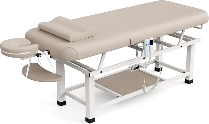 Olela Electric Heated Massage Table - Stationary Massage Table with Heating Function and Storage, Treatment Table with Electric Lift & Manual Adjustable Backrest, Metal Frame for Massage, Spa So On