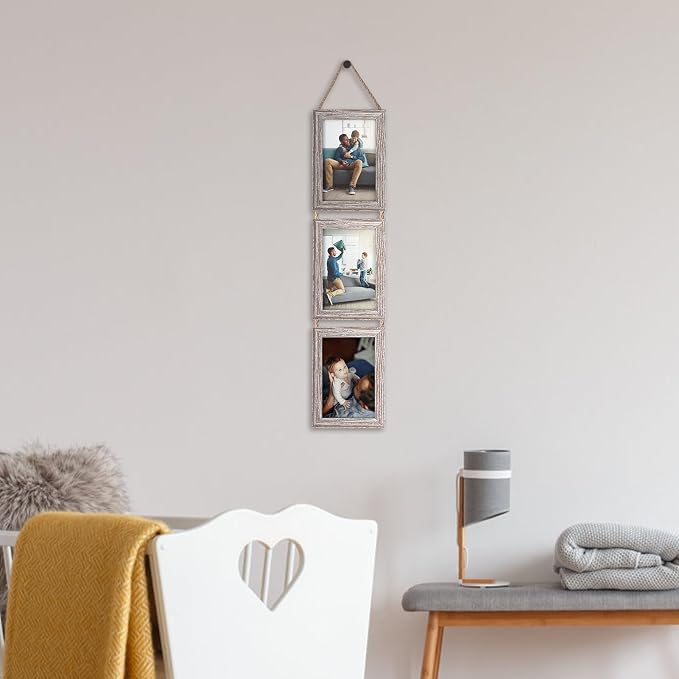 QUTREY 4x6 Picture Frames Collage Rustic, 3 Openings 4 x 6 Vertical Hanging Photo Frames Display 4 by 6 inch Pictures for Wall Decor Home Decor