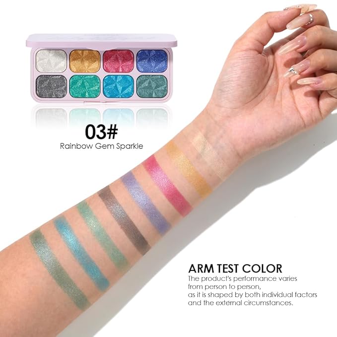 8-Color Glitter Eyeshadow Palette, Rainbow Gem Sparkle, Vibrant Multicolor Shimmer Shades, Waterproof Long-Lasting Formula, Smooth Pigmented Eye Makeup for Creative Looks