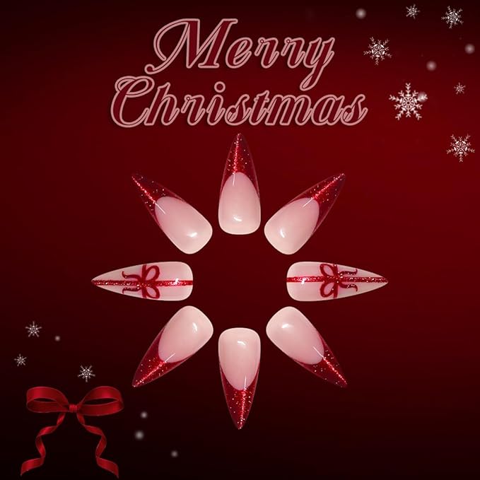 Christmas Nail press ons Red Fake Nails Long Stiletto False Nail with Bow Design Glitter Glue on Nails Artificial Acrylic Full Cover Stick on Nail for Women Girls Xmas Manicure 24Pcs