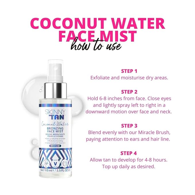 Skinny Tan Coconut Water Self Tanning Face Mist Spray - Gradual Self Tanner Enriched with Hyaluronic Acid and Vitamin C - Delicious Tropical Coconut and Pineapple Scent - Medium Self Tan - 3.5 oz