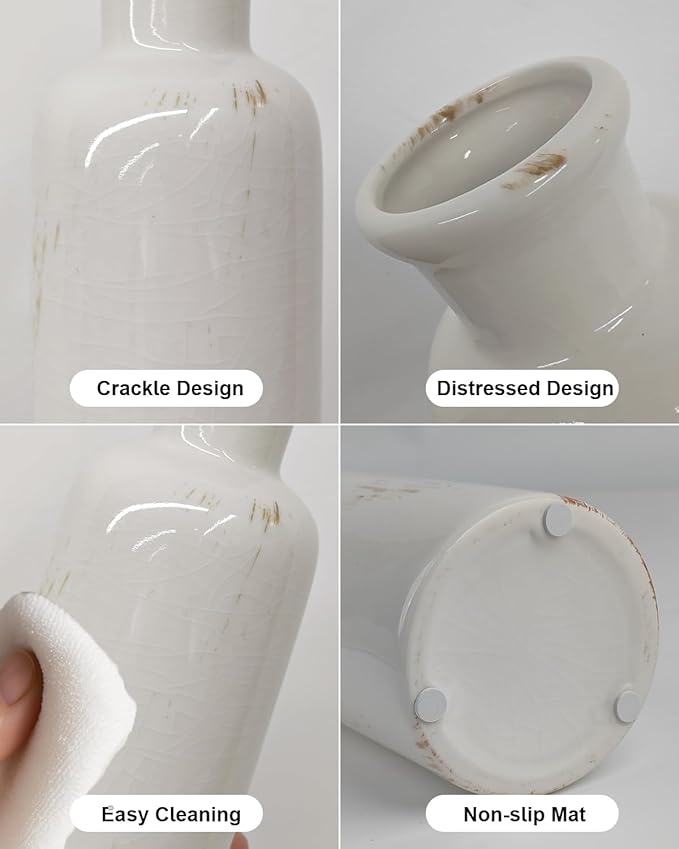 White Ceramic Vase Set of 3, Vintage Vases for Flowers and Home Decor | Distressed crackle glaze for tables, bookshelves, mantels, kitchens and offices