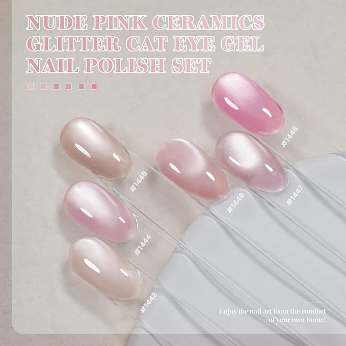 RARJSM Nude Pink Ceramics Glitter Cat Eye Gel Nail Polish Set 6Pcs Velvet Rose Champagne Beige Plum Nuded Blush Mauve Pink Smoothie Cateye Gel Polish with Magnetic Stick Curing Require Home Salon