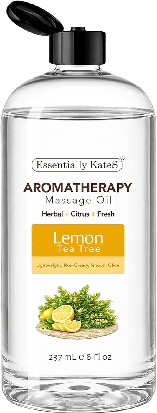Aromatherapy Massage Oil – Tea Tree & Lemon – Lightweight, Non-Greasy Body Oil with Fractionated Coconut Oil – Fresh, Clean, Energizing – 8 fl oz
