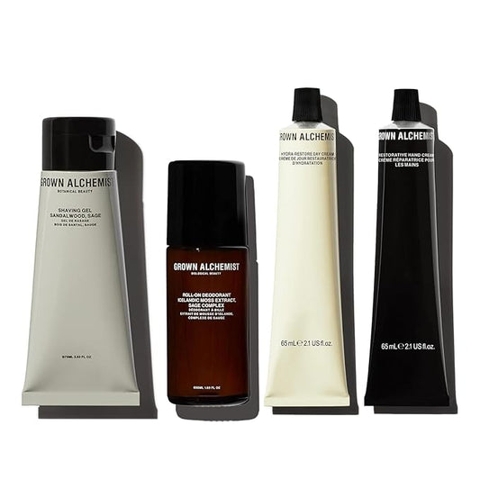 Grown Alchemist Complete Men's Collection Bundle. Shave Gel (75ml) +Deodorant (50ml) +Hydra-Restore Day Cream (65ml) +Restorative Hand Cream (65ml)