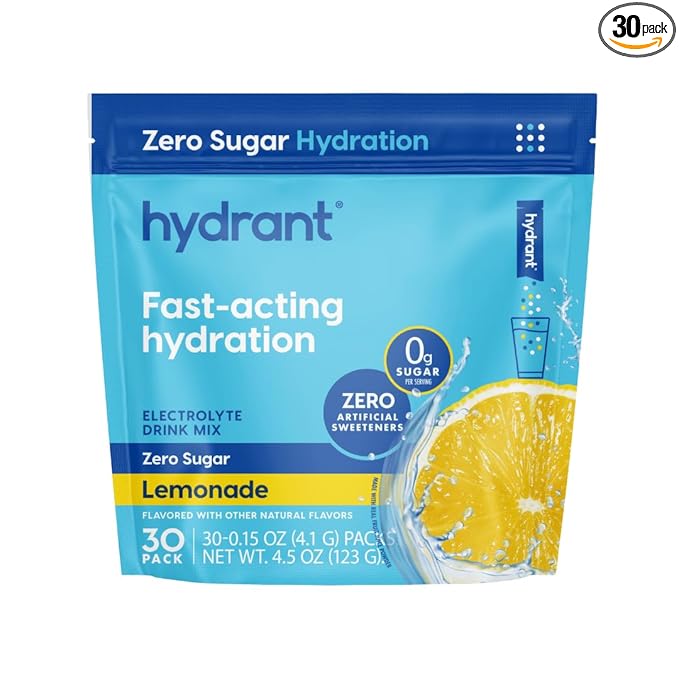 HYDRANT - Hydration Powder, Lemonade Flavor, 30 Individual Sugar-Free Instant Electrolyte Rehydration Packets - Zero Sugar Drink Mix for Daily Use, Travel & Workouts