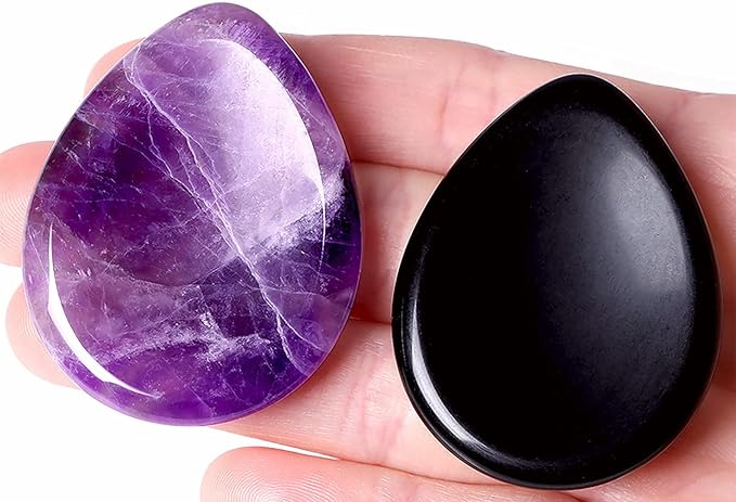 QINJIEJIE 2PCS Thumb Worry Stone Amethyst Obsidian Healing Crystals Hand Carved Stones Pocket Gemstones Sets Meditation Crystal Reiki Relax Palm Stone for Anxiety Therapy Relief