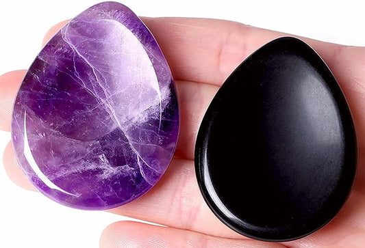 QINJIEJIE 2PCS Thumb Worry Stone Amethyst Obsidian Healing Crystals Hand Carved Stones Pocket Gemstones Sets Meditation Crystal Reiki Relax Palm Stone for Anxiety Therapy Relief