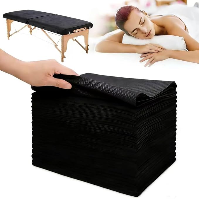 100Pcs Disposable Bed Sheets 31.5"x71"Coated Non-Woven Massage Table Sheets,Waterproof & Oil-Proof,Hygienic & Comfortable for Massage,Tattoo,Beauty,Spa,Breathable & Durable(Black)