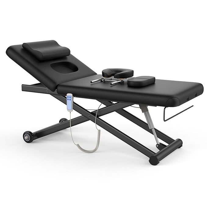 pouseayar Heavy Duty Electric Massage Table, 32" x 75" Black, Electric Lift & Backrest, 2 Motor Adjustable, Supports Up to 1000 lbs