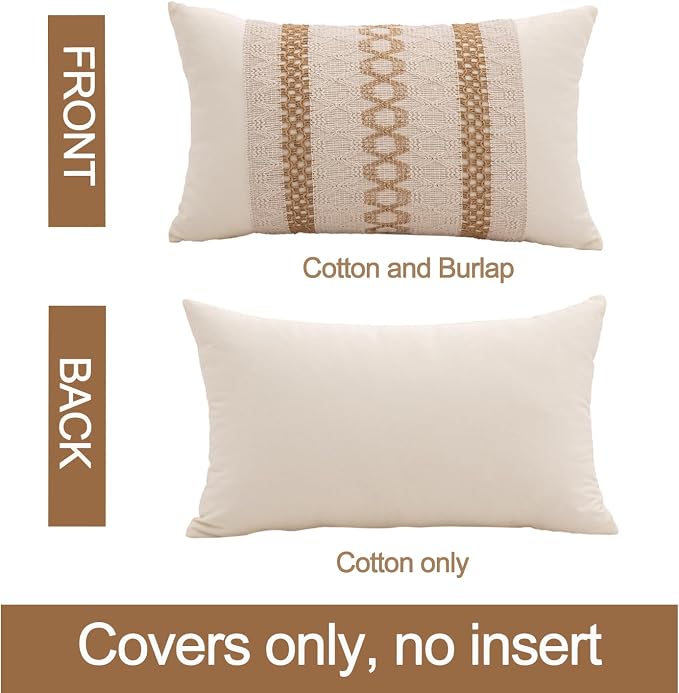 Lumbar Throw Pillow Covers Set of 1 (Brown & Beige, 12x20 Inch) | Linen Cotton Soft Cozy, Decorative Sofa Couch Pillow Cases, Textured Woven Single Striped, Boho Sytle for Living Room