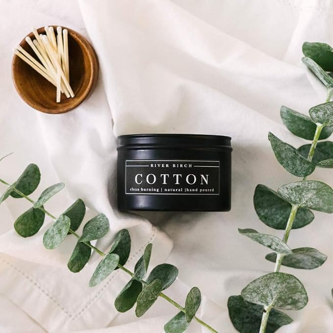 River Birch Candles Cotton Scented Candle | Premium, All-Natural, Non-Toxic, Soy Candles | 8 oz. Black Matte Tin Travel Candle | Cozy Relaxing Gifts for Home